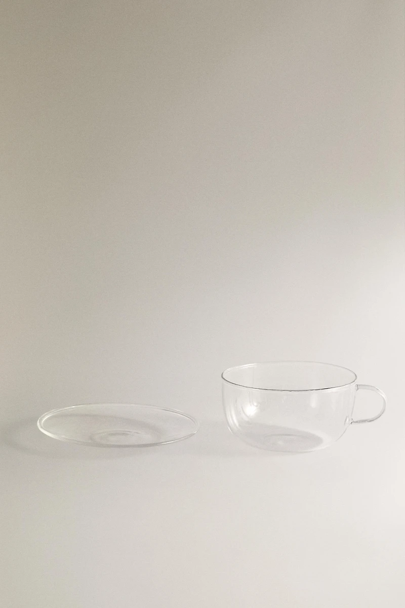 BOROSILICATE GLASS COFFEE CUP AND SAUCER WITH SILVER RIM