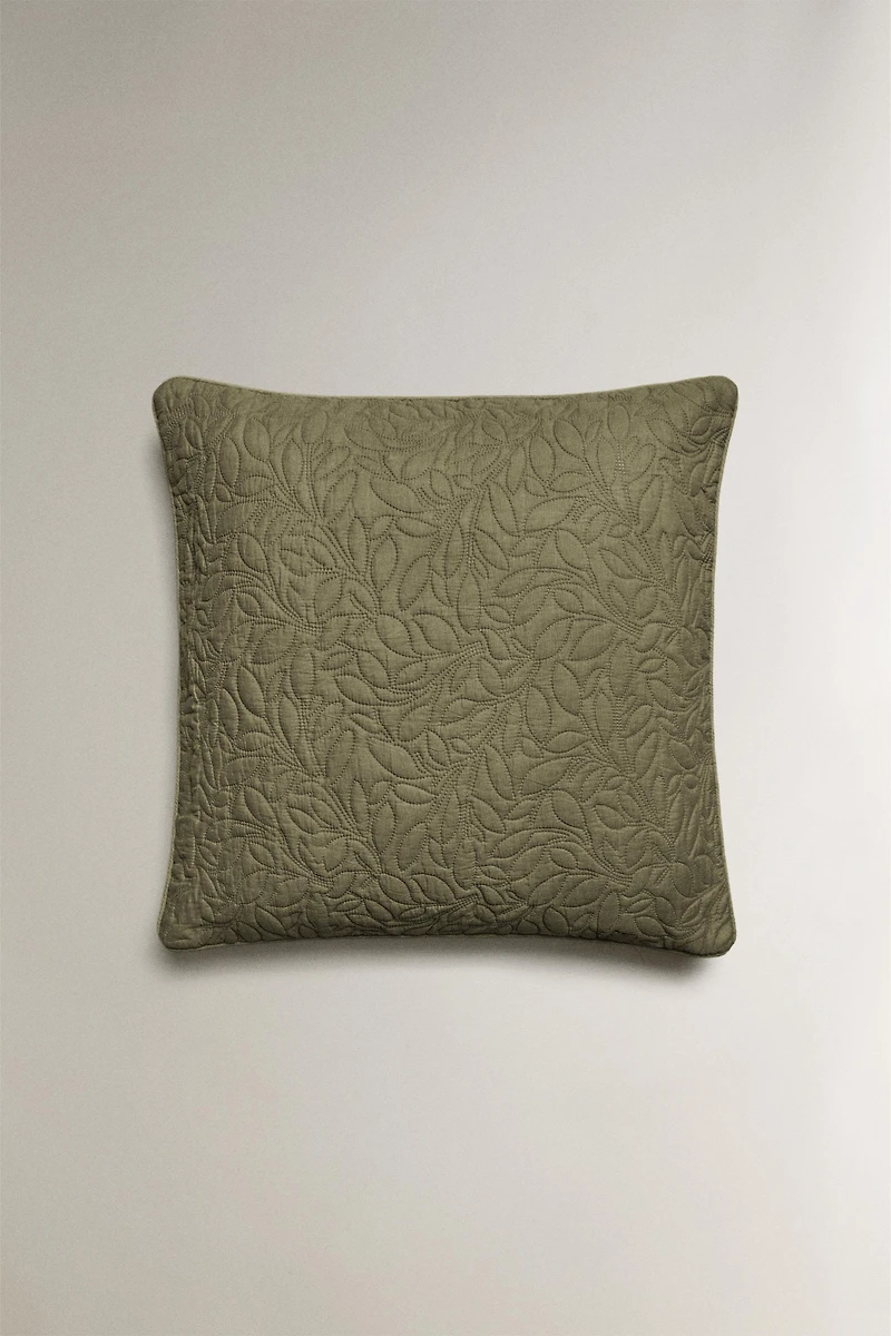 QUILTED THROW PILLOW COVER WITH LEAVES
