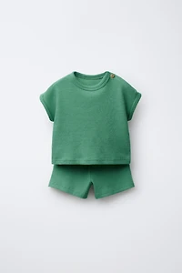 PLAIN WAFFLE T-SHIRT AND BERMUDA SET