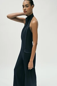 LINEN HALTER JUMPSUIT WITH CONTRAST TOPSTITCHING