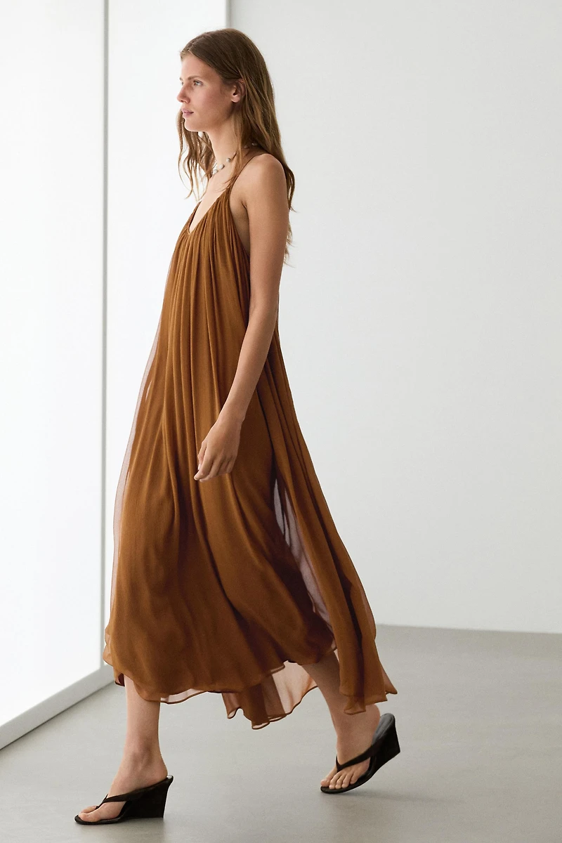 100% silk gathered midi dress