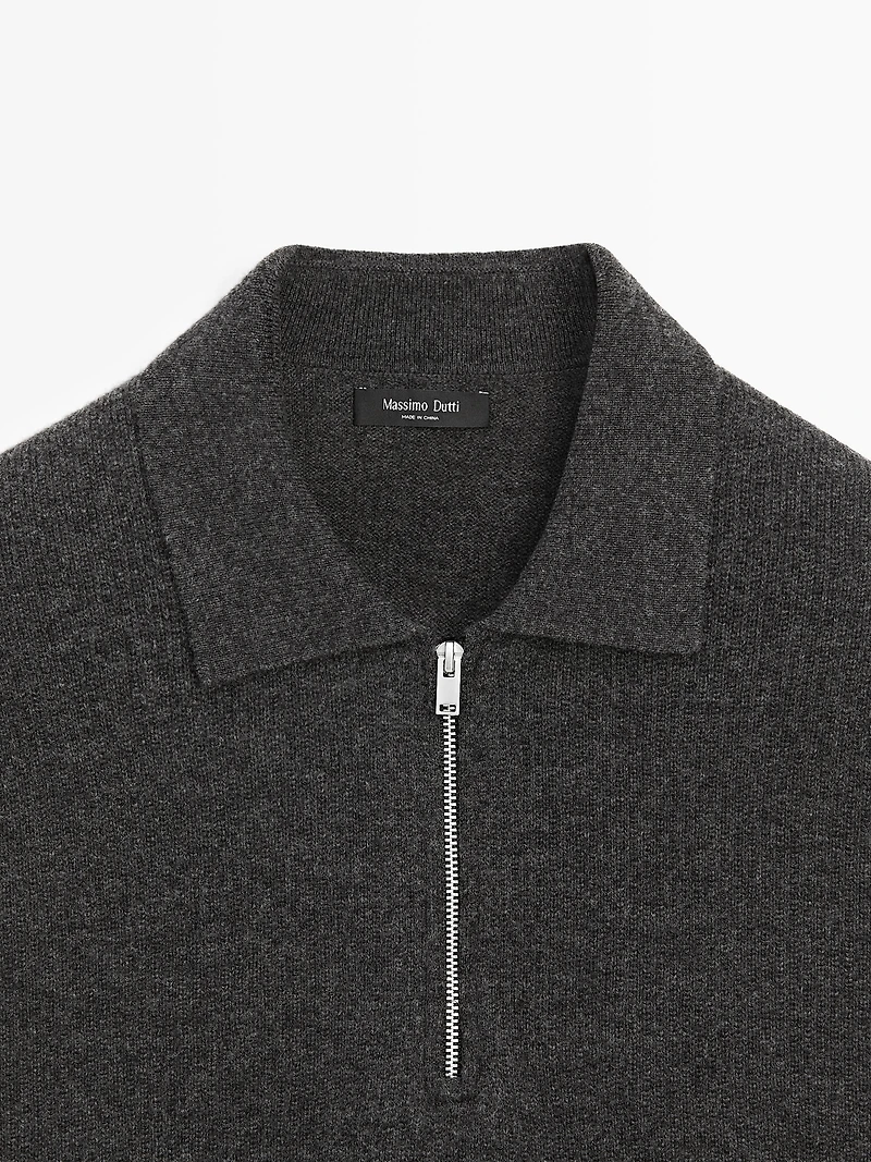 Knit wool blend polo sweater with zip