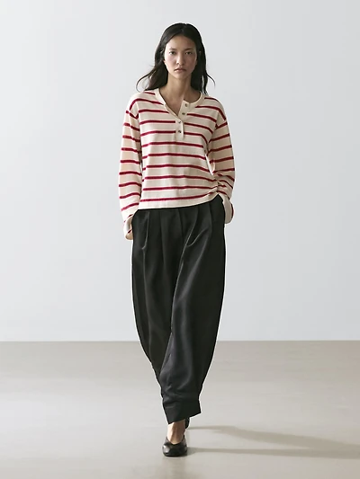 100% cotton striped knit henley sweater