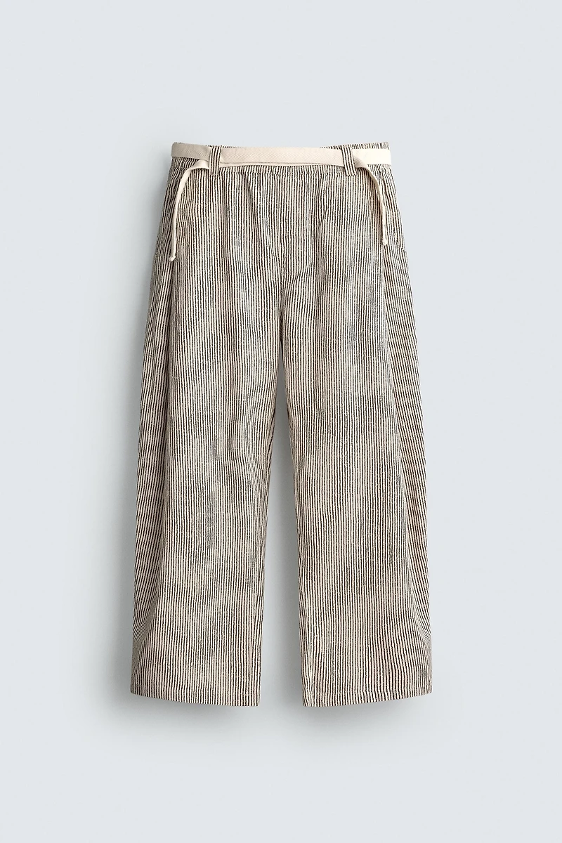 STRIPED WIDE FIT BELTED PANTS