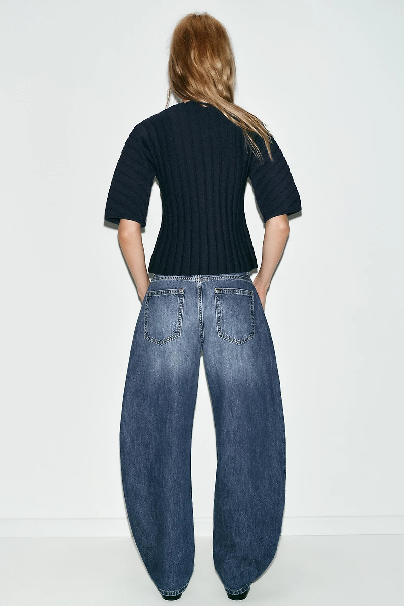 PUFF SLEEVE RIB KNIT TOP