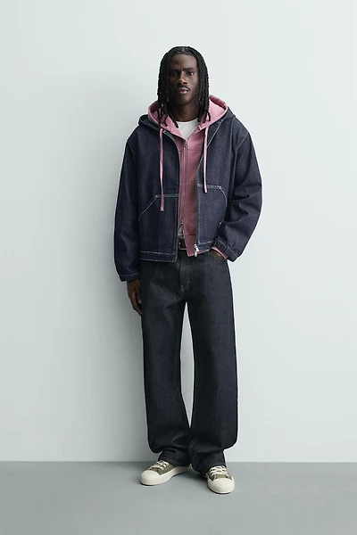 HOODED DENIM JACKET WITH TOPSTITCHING