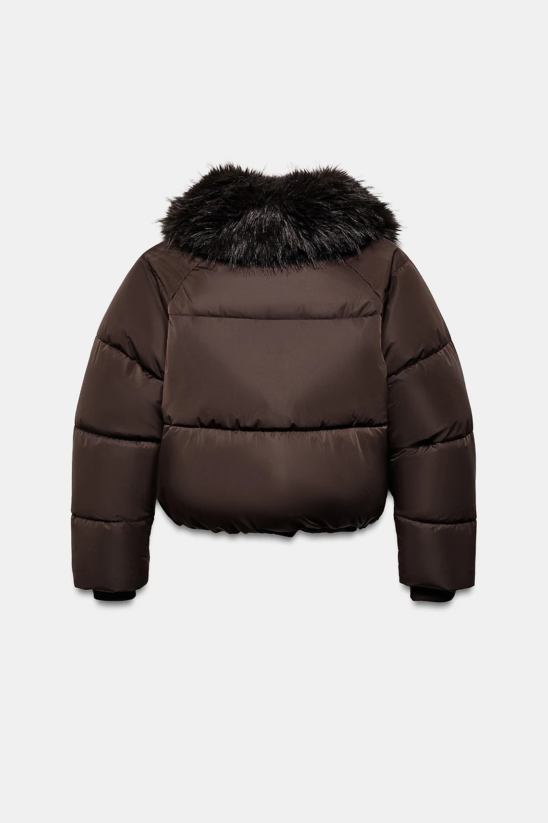 FAUX FUR LAPEL QUILTED BOMBER JACKET