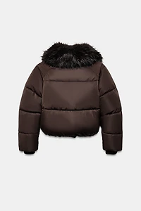 FAUX FUR LAPEL QUILTED BOMBER JACKET
