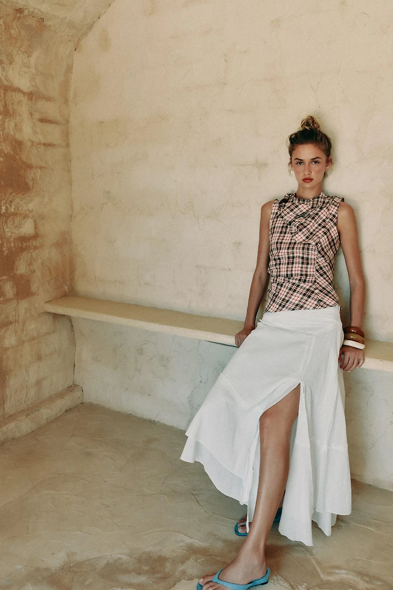 100% LINEN PLAID TOP