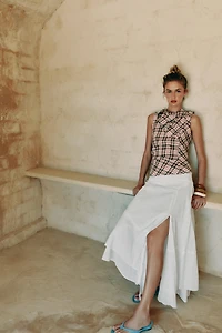 100% LINEN PLAID TOP