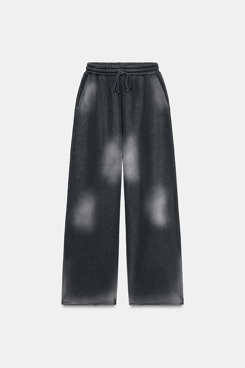 WASHED EFFECT RIPPED FLEECE PANTS