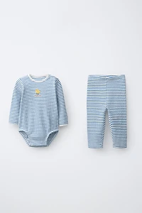 ENSEMBLE BODY ET LEGGING À RAYURES AVEC POUSSIN BRODÉ