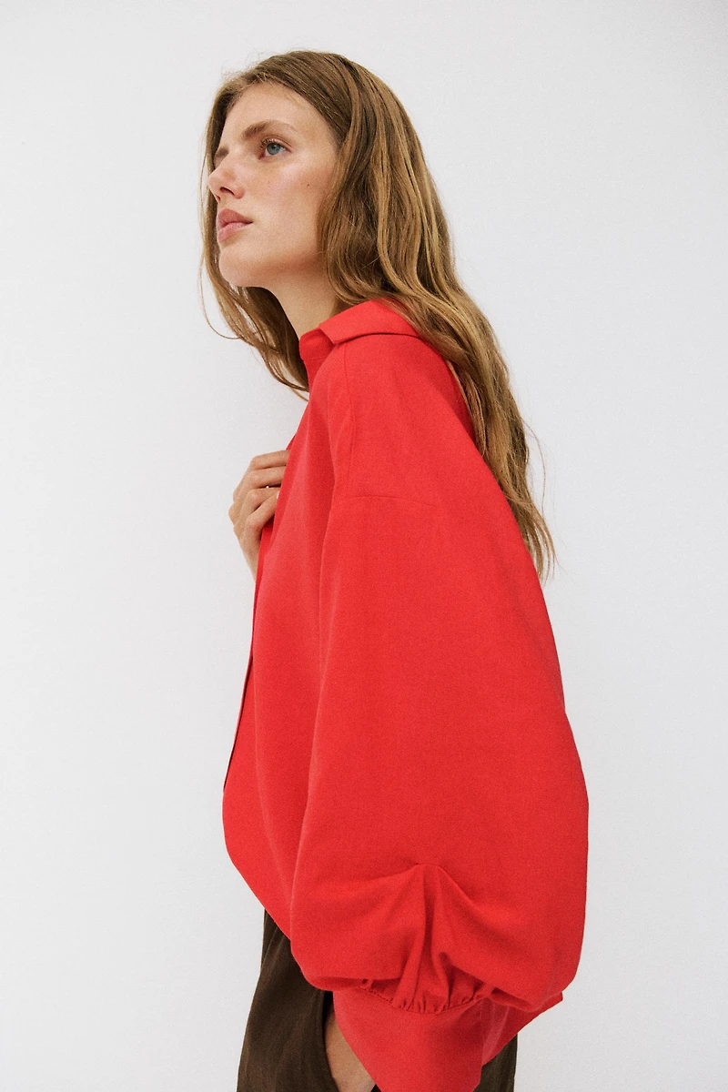 PUFF SLEEVE STRIPED LINEN SHIRT
