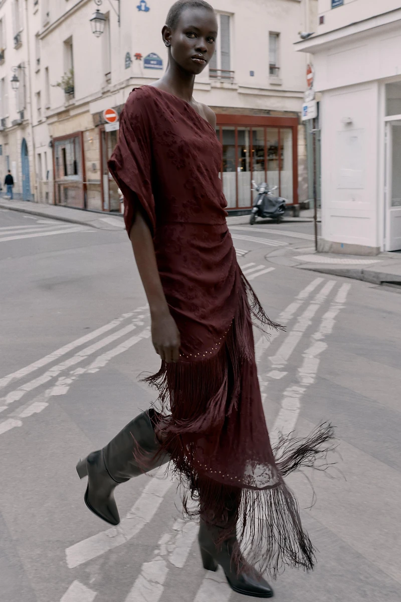 DEVORÉ FRINGED ASYMMETRIC MIDI DRESS