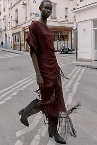 DEVORÉ FRINGED ASYMMETRIC MIDI DRESS