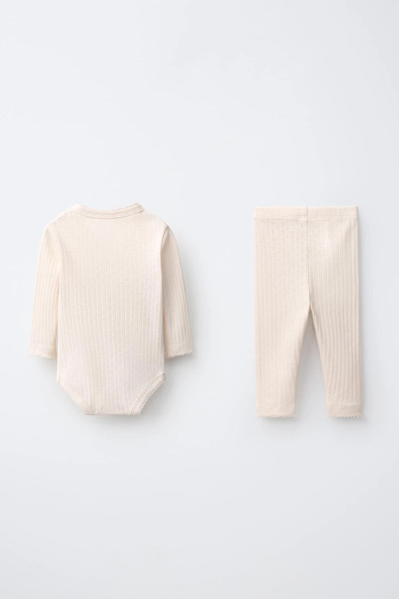 CONTRAST STITCH POINTELLE WRAP BODYSUIT AND LEGGINGS SET