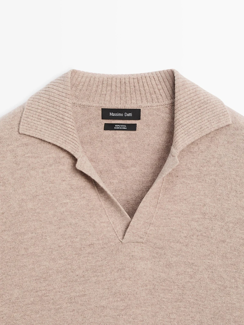 Wool V-neck knit polo sweater