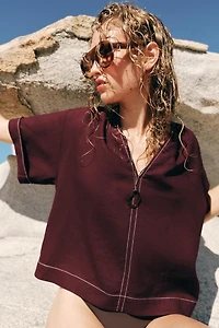 LINEN TOP WITH CONTRAST PIPING