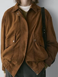 Suede leather bomber jacket with pockets