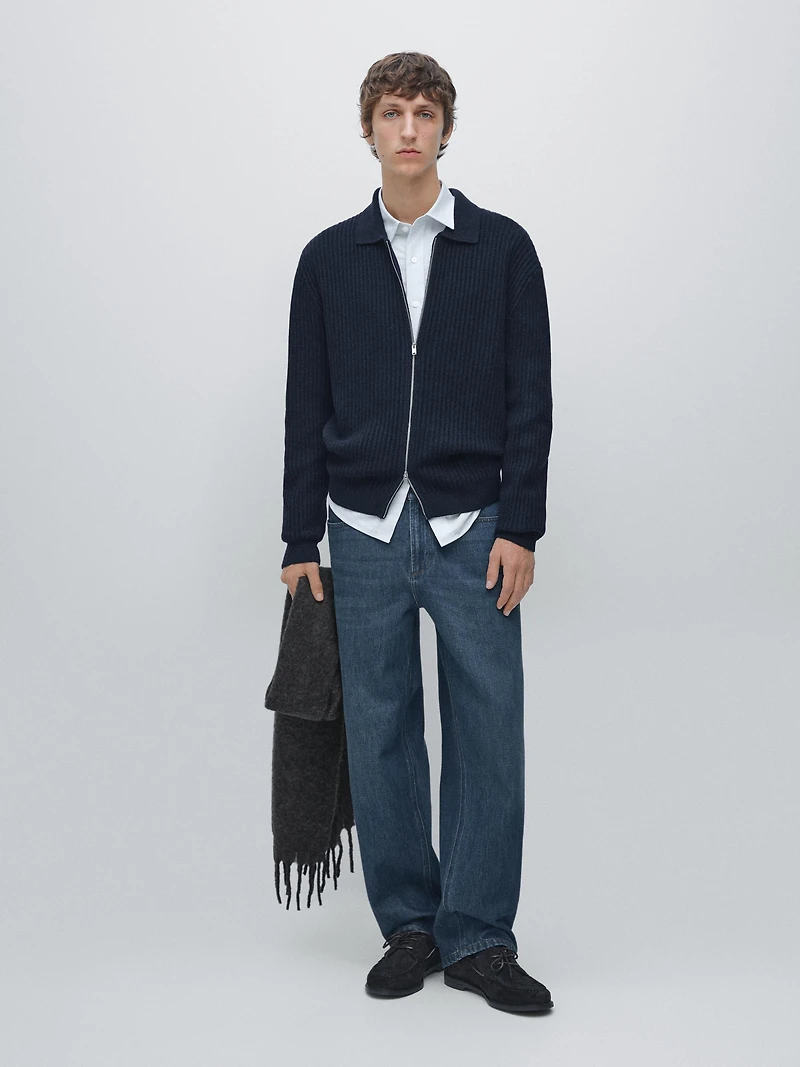 Ribbed knit cotton and wool cardigan with zip