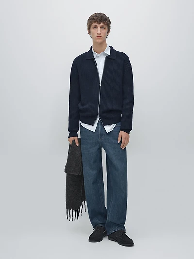 Ribbed knit cotton and wool cardigan with zip