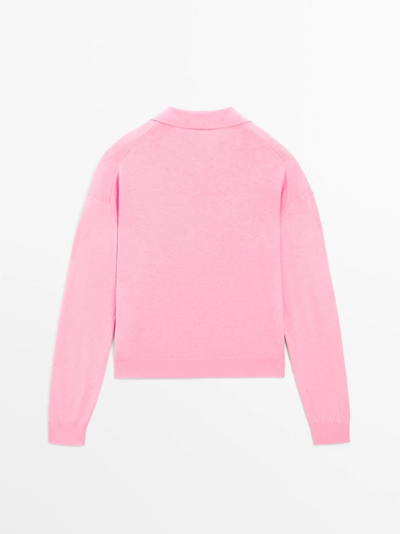 Cotton blend knit polo sweater