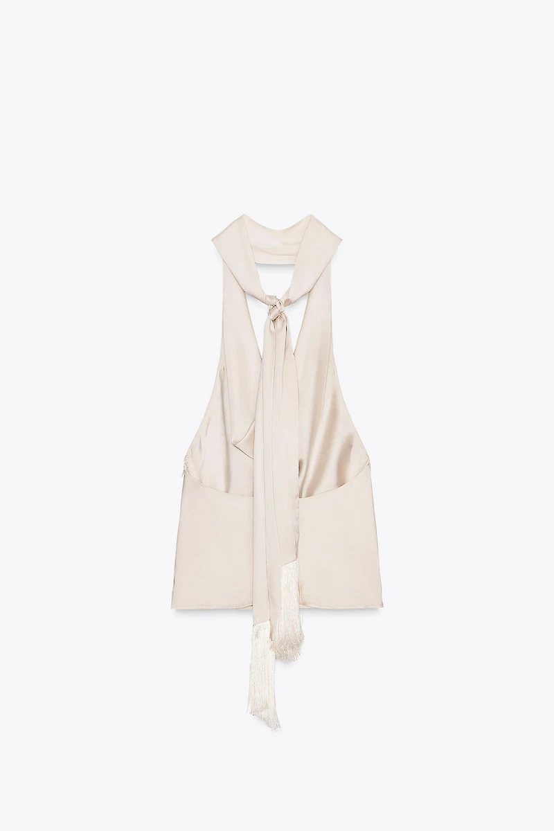 FRINGED HALTER SATIN EFFECT TOP