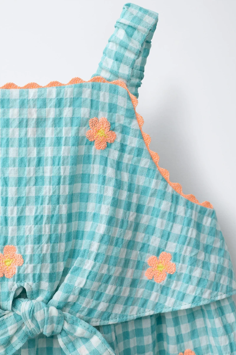 COMBI-SHORT À CARREAUX VICHY ET FLEURS BRODÉES