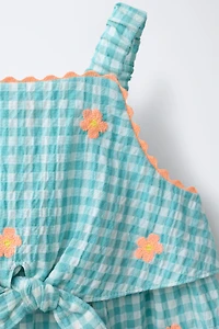 COMBI-SHORT À CARREAUX VICHY ET FLEURS BRODÉES