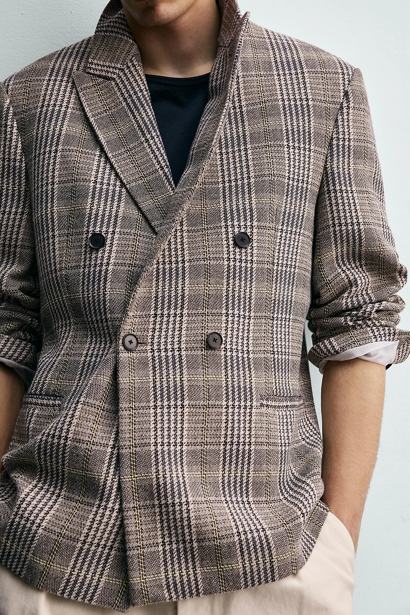 PLAID DOUBLE BREASTED BLAZER
