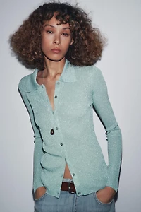 METALLIC THREAD KNIT POLO TOP