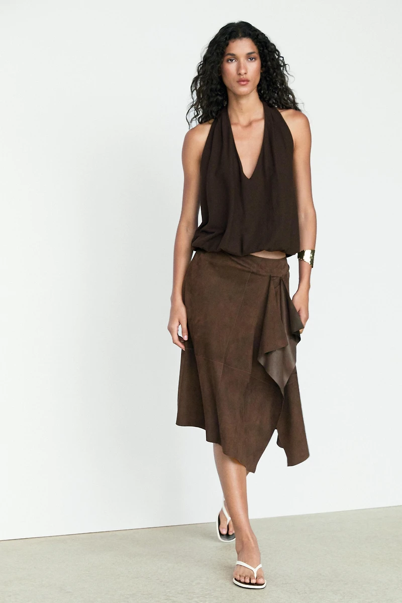 Suede leather midi skirt with ruffle detail