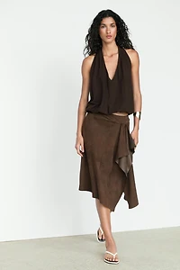 Suede leather midi skirt with ruffle detail