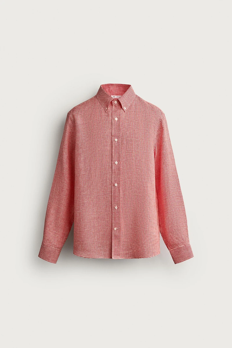 100% LINEN REGULAR FIT PLAID SHIRT
