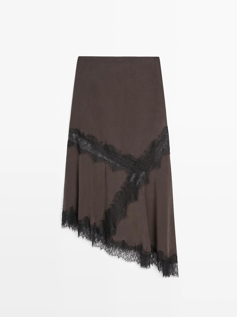 Flowing asymmetric midi skirt with lace detail
