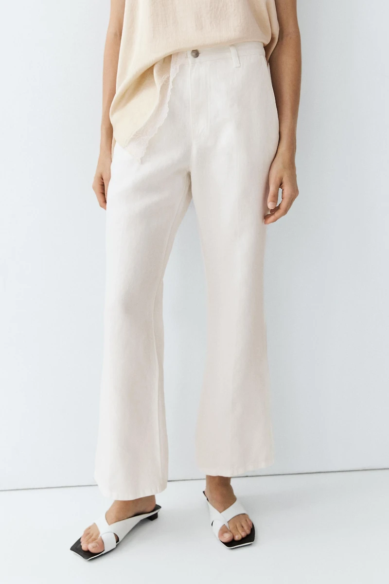 Pantalon flare cropped 100 % lin