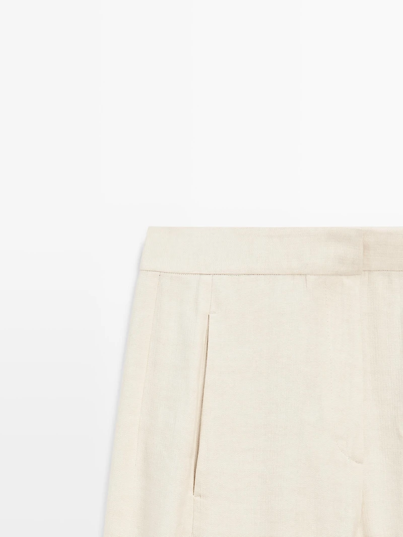 Linen blend suit trousers with button detail