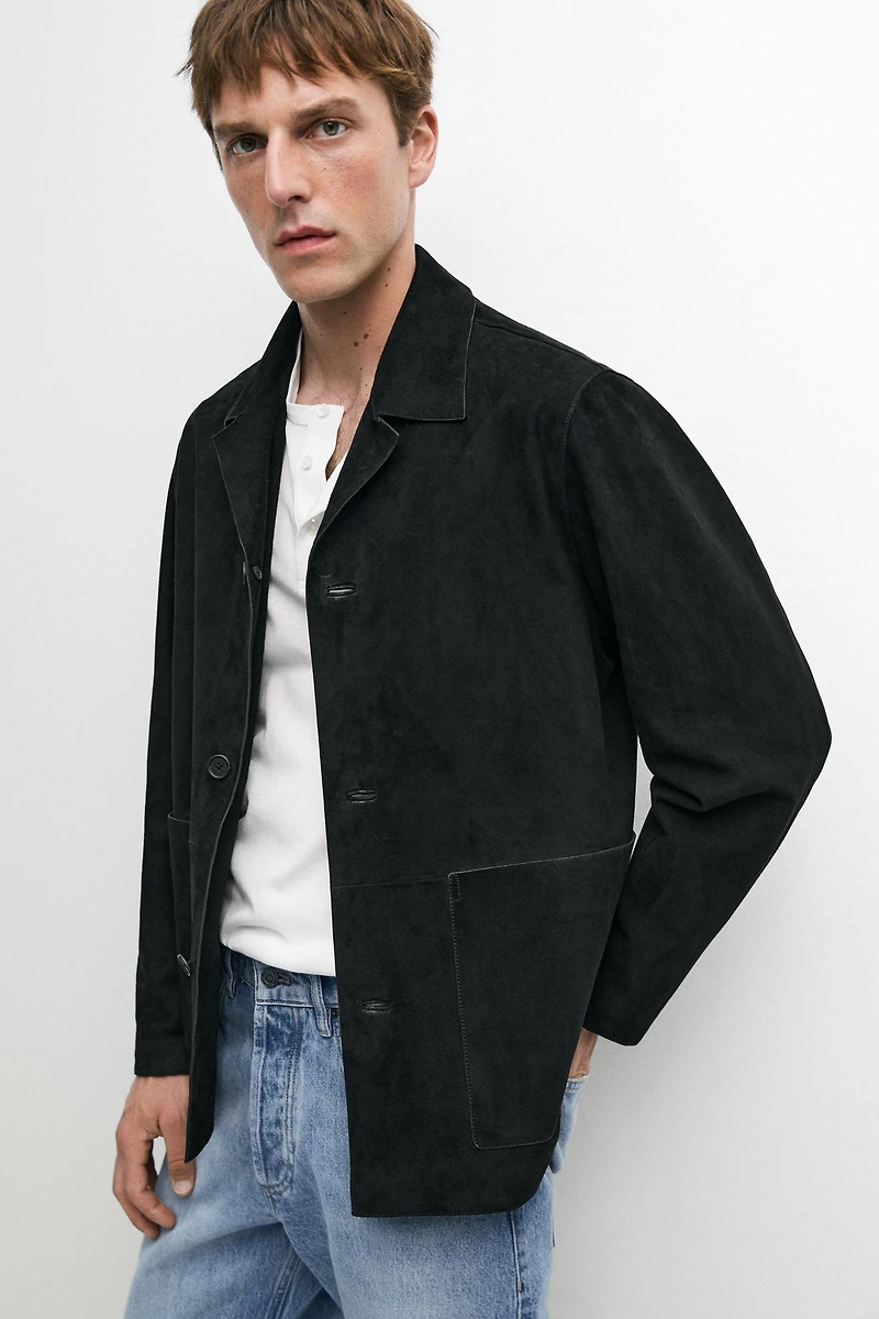 Blouson avec poches en cuir finition daim