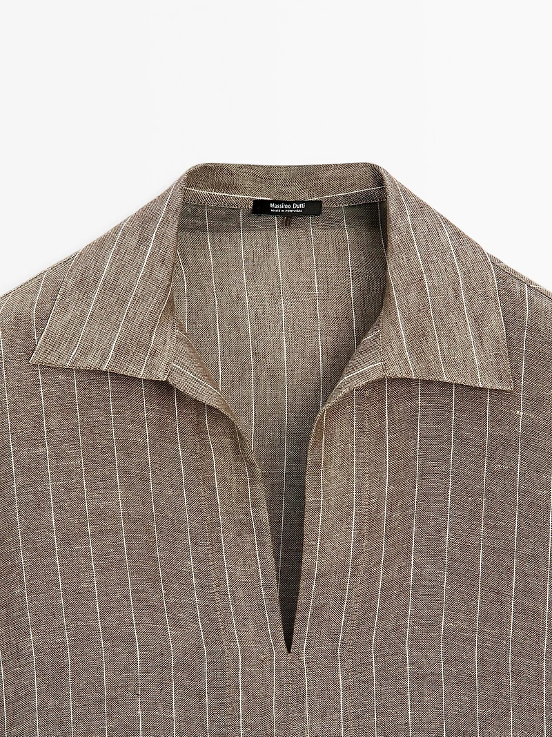 Striped linen open neck blouse