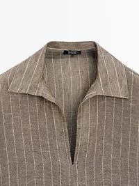 Striped linen open neck blouse