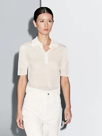 Open knit sweater with polo collar