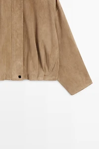Pleated suede leather bomber jacket