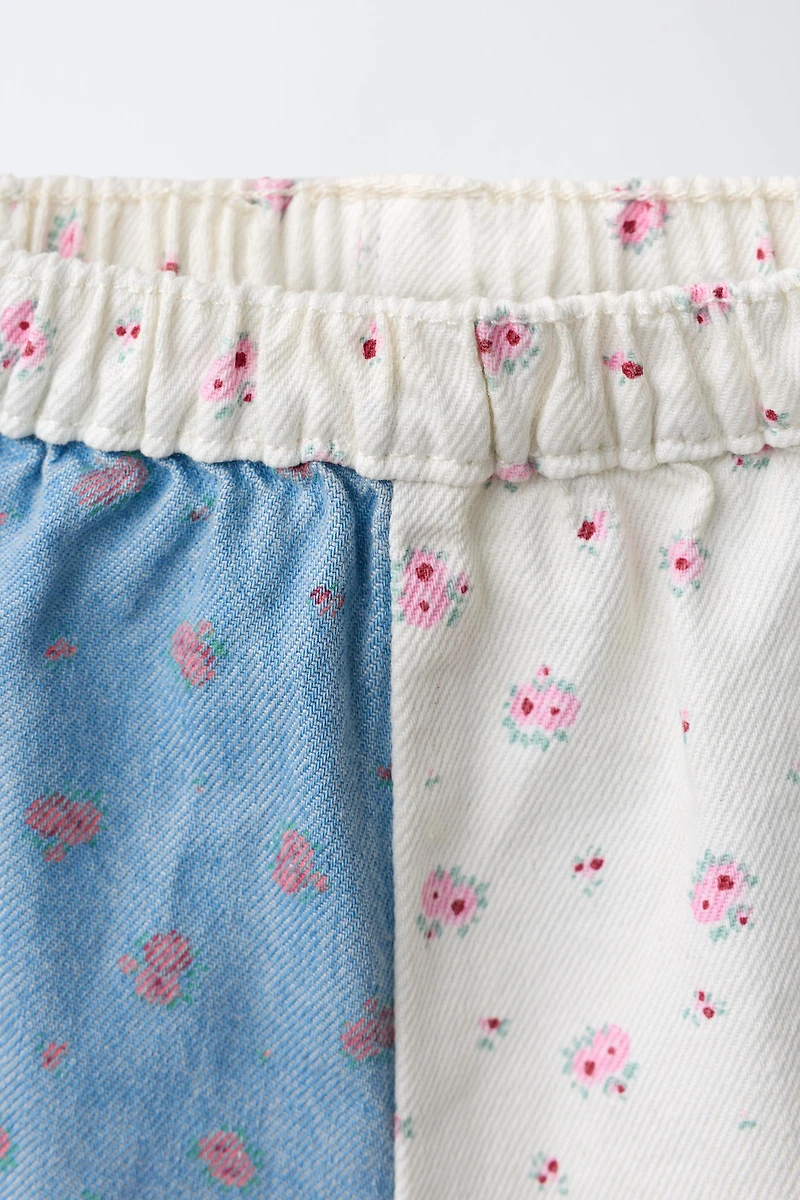 PATCHWORK FLORAL DENIM SHORTS
