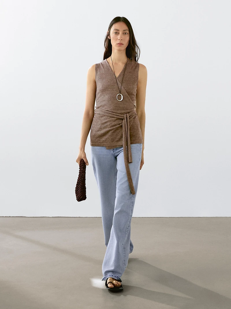 Linen blend knit crossover top