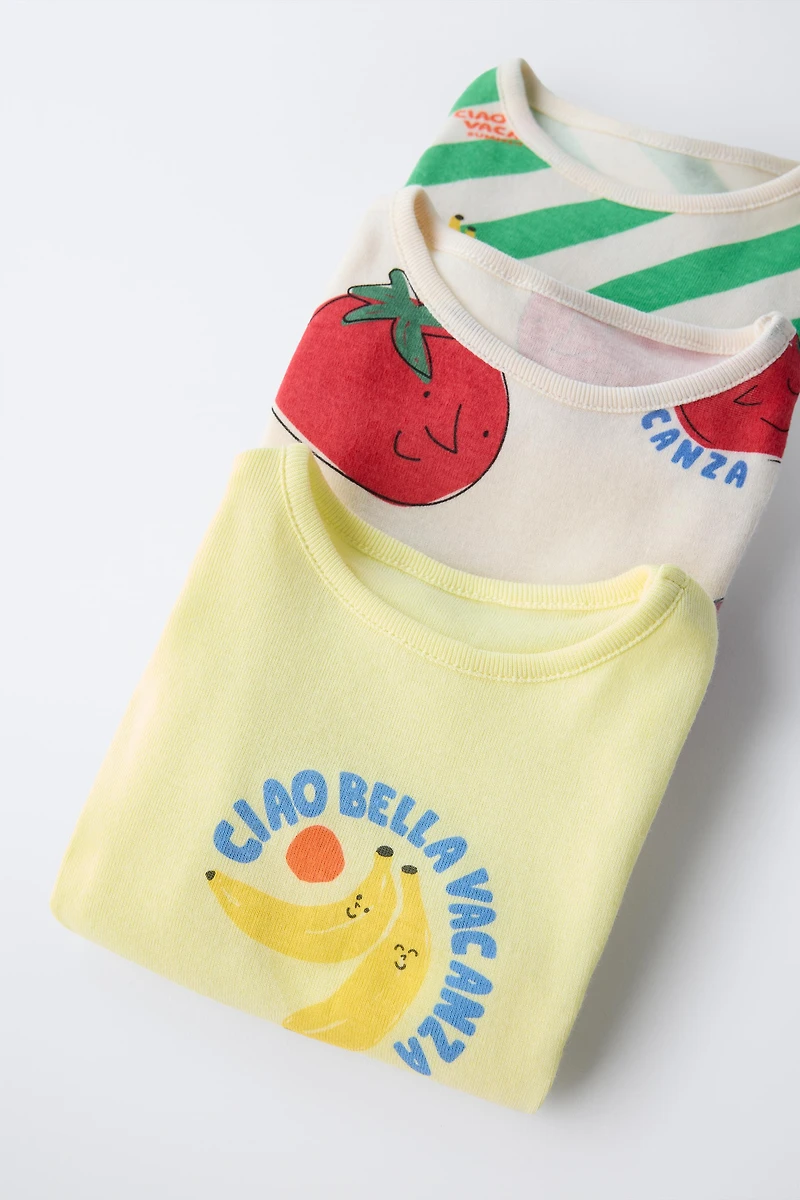 THREE-PACK OF TOMATO AND STRIPE PRINTED BODYSUITS