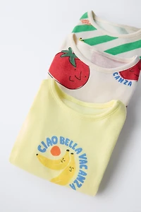 THREE-PACK OF TOMATO AND STRIPE PRINTED BODYSUITS