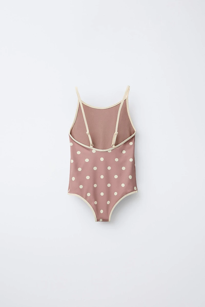 6-14 YEARS/ POLKA DOT SWIMSUIT WITH CONTRASTING PIPING