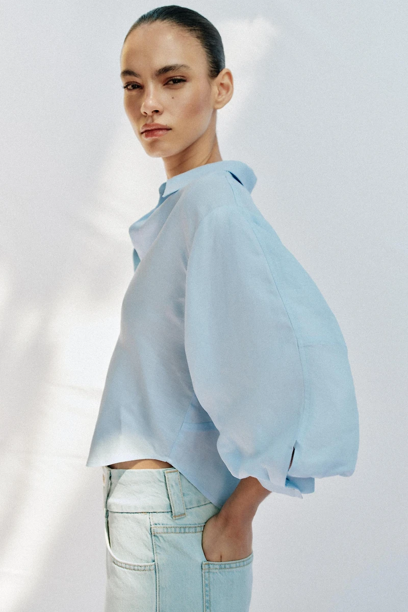 LINEN BLEND BALLOON SLEEVE SHIRT