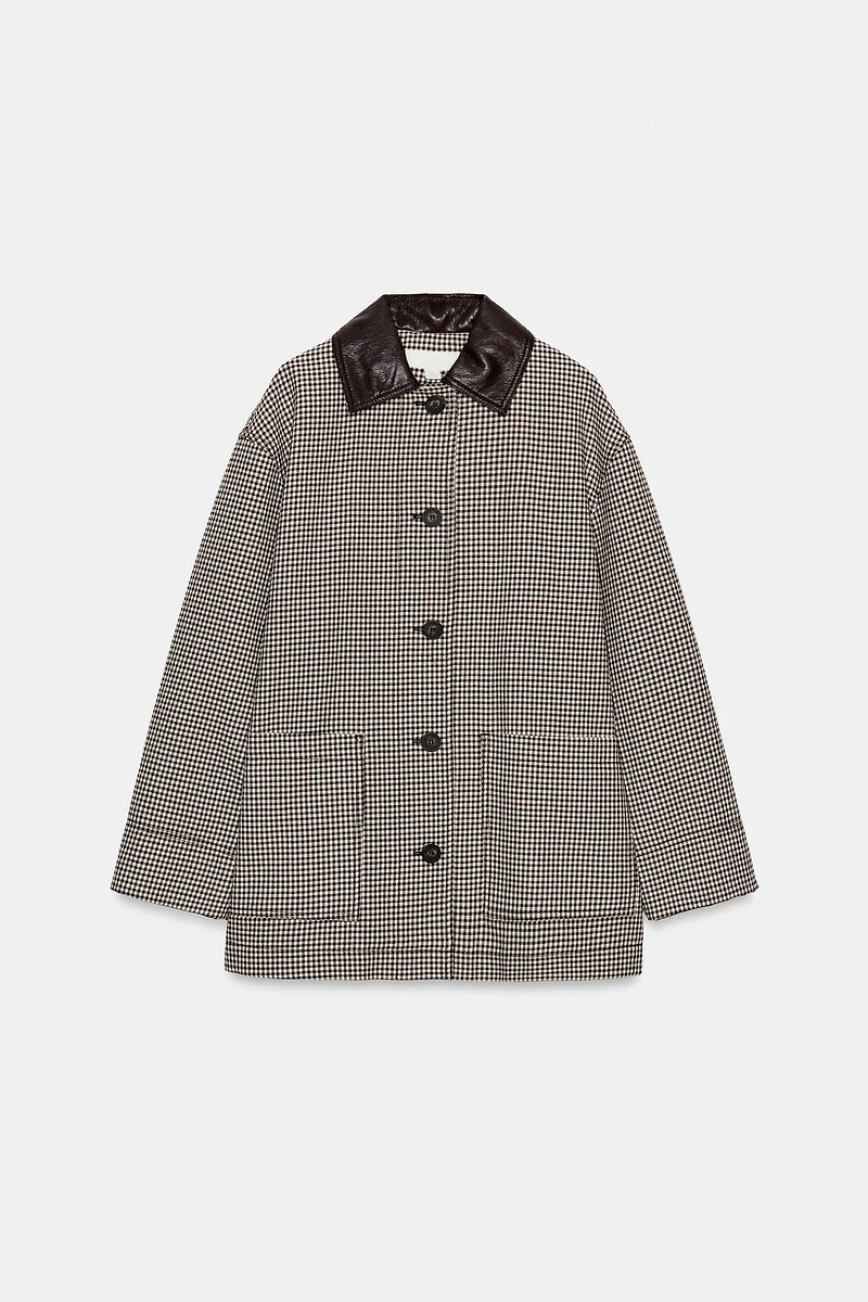 HOUNDSTOOTH FAUX LEATHER TRIM JACKET