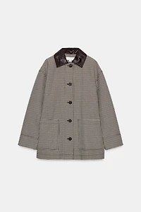 HOUNDSTOOTH FAUX LEATHER TRIM JACKET